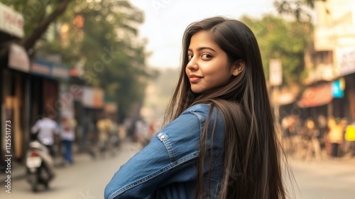 Woman with long hair is standing on a street