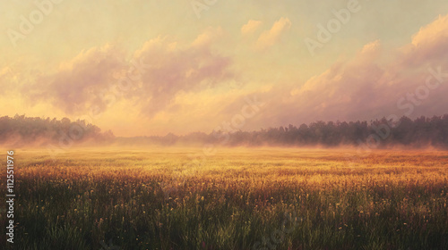 Rolling fields shrouded in early morning mist under a pastel sky.