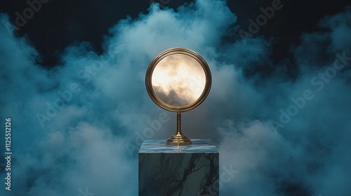 Elegant marble pedestal with a golden-framed mirror, cloud background photo