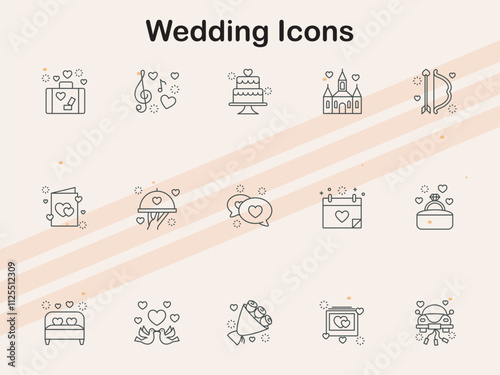Icons representing various wedding elements such as rings  cakes  and flowers  ideal for wedding planners  event organizers  and celebratory projects.