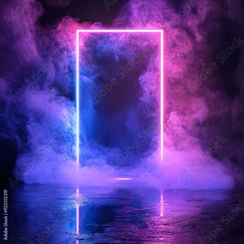 Glowing neon rectangle enveloped in smoke photo