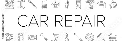 car repair tools wrench icons set vector. socket ratchet, pliers jack, lift screwdriver, multimeter, compressor, torque car repair tools wrench black contour illustrations