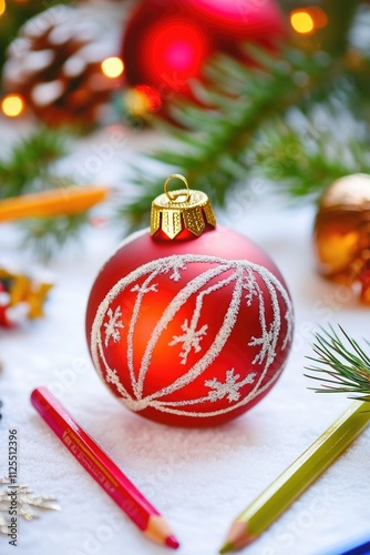 A single red ornament placed on a clean white table, suitable for various events and occasions photo