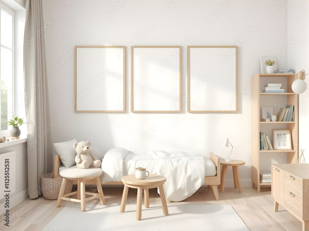 Fototapeta premium children's room interior, three blank wooden edge frames on white wall, wooden floor, table, bed, bookshelf, teddy bear, scandinavian style design