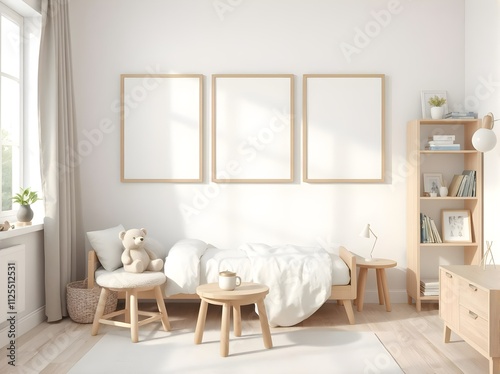 children's room interior, three blank wooden edge frames on white wall, wooden floor, table, bed, bookshelf, teddy bear, scandinavian style design