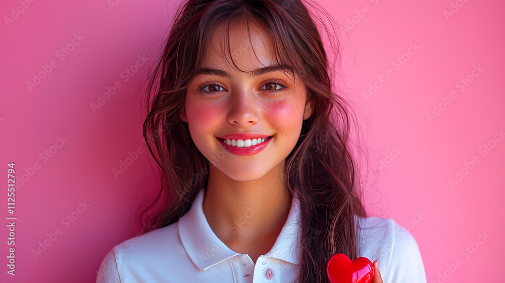 Smiling young caucasian female holding heart-shaped object against pink background Smiling young caucasian female holding heart-shaped object against pink background