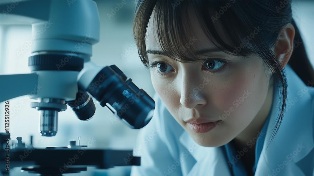 顕微鏡で観察する日本人女性科学者 顕微鏡で観察する日本人女性科学者