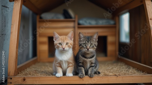 Two kittens sitting inside a small wooden house. photo