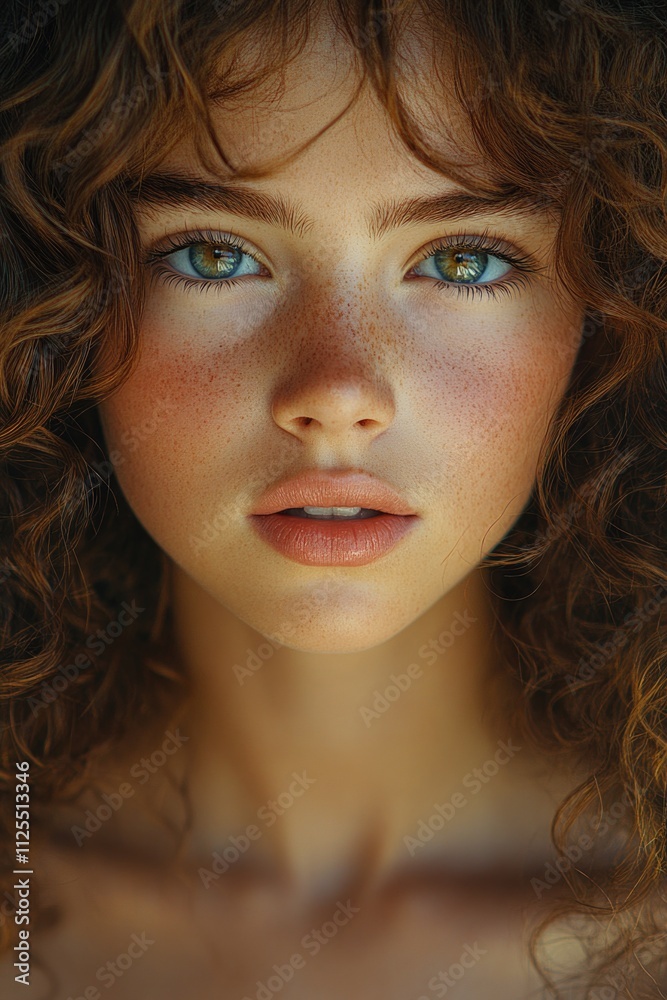 Close-up portrait of a woman with distinctive freckles on her face Close-up portrait of a woman with distinctive freckles on her face
