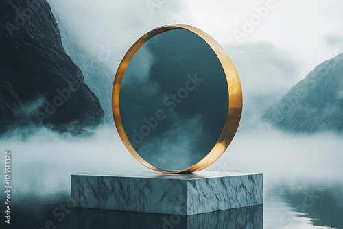 Elegant marble pedestal with a golden-framed mirror, cloud background photo