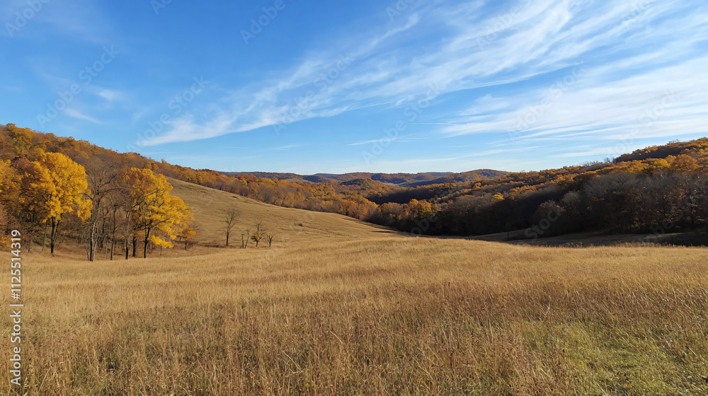 Rolling hills covered in golden autumn foliage under a bright blue sky Rolling hills covered in golden autumn foliage under a bright blue sky