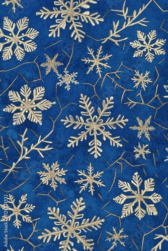 A close-up shot of intricate snowflake design on a blue background, suitable for winter or holiday themed designs