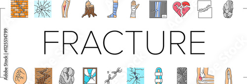 fracture bone break injury icons set vector. healing cast, splint pain, trauma orthopedic ray, diagnosis, treatment, recovery fracture bone break injury color line illustrations