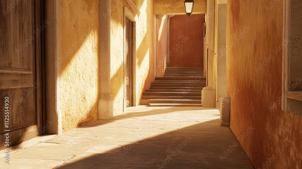 Soft sunlight casts warm shadows in a tranquil alleyway with yellow walls. A set of stairs ascends into a distant passage, creating a peaceful atmosphere in the afternoon light Soft sunlight casts warm shadows in a tranquil alleyway with yellow walls. A set of stairs ascends into a distant passage, creating a peaceful atmosphere in the afternoon light