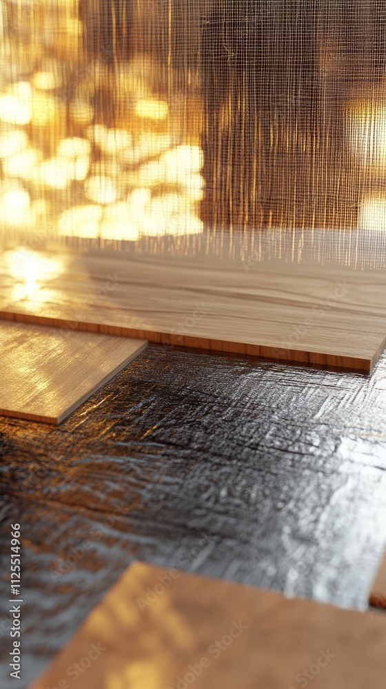 Warm light reflects off wooden boards lying on a textured surface, creating a serene ambiance in a cozy, inviting interior setting during the evening