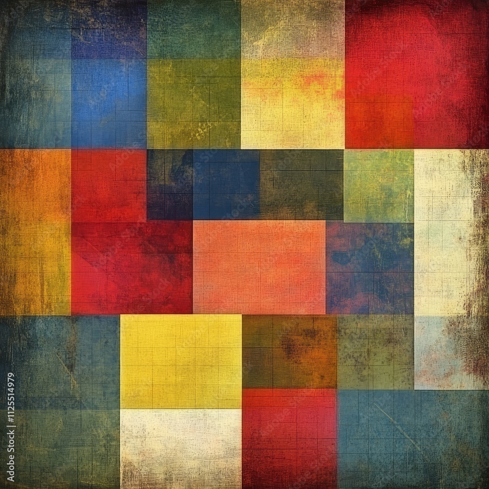A composition of overlapping squares in faded primary hues, with a textured backdrop that complements the vintage retro aesthetic, presented in high detail A composition of overlapping squares in faded primary hues, with a textured backdrop that complements the vintage retro aesthetic, presented in high detail
