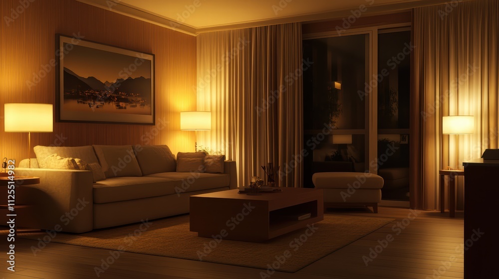 Soft golden light fills a serene living room with a couch and coffee table. The curtains are drawn, creating a peaceful atmosphere perfect for relaxation Soft golden light fills a serene living room with a couch and coffee table. The curtains are drawn, creating a peaceful atmosphere perfect for relaxation