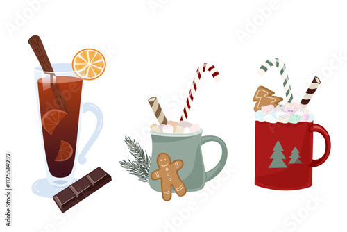 winter holiday hot drinks set, cinnamon and cocoa tea with marshmallows and gingerbread cookies. Christmas design elements for cards, prints, cloth