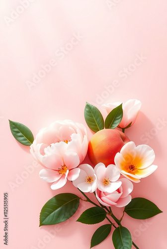 Peaches and flowers on a minimalist pink background photo