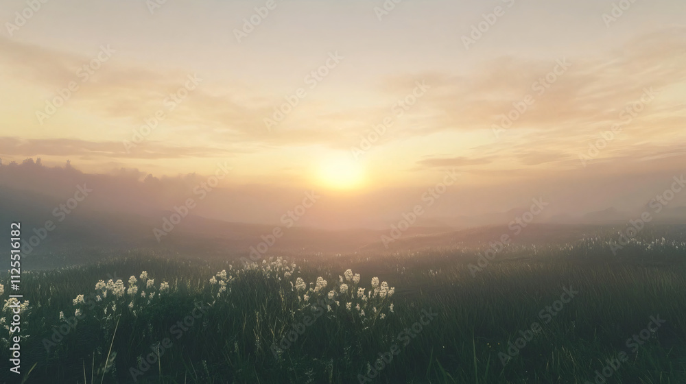 Rolling plains shrouded in thick mist as dawn breaks. Rolling plains shrouded in thick mist as dawn breaks.