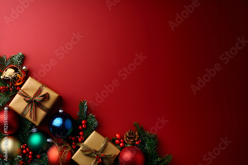 background with holiday gifts in paper packaging with bows, surrounded by New Year's balls, on a red background. New Year's atmosphere. place for text