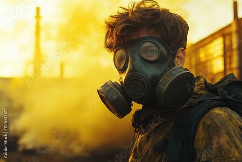 A person wearing a gas mask stands outside a building, possibly in a post-apocalyptic or industrial setting