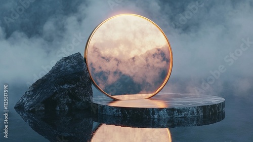 Elegant marble pedestal with a golden-framed mirror, cloud background photo