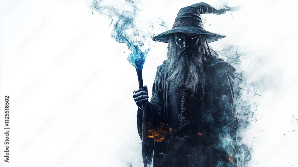 Fototapeta premium Czarownik trzymający różdżkę do rzucania zaklęć, przedstawiony na białym tle.