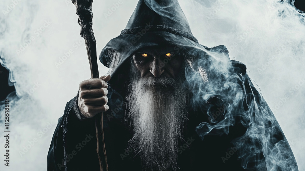 Fototapeta premium Czarownik trzymający różdżkę do rzucania zaklęć, przedstawiony na białym tle.