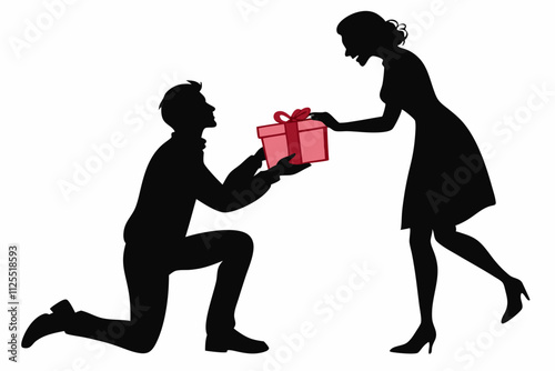 Couple exchanging gifts A silhouette of a man handing a gift box to a woman, both smiling vector silhouette on a white background