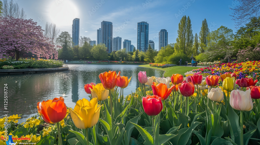 Fototapeta premium Tulipany w żywych barwach rozkwitają w jasnym, zielonym otoczeniu parku.