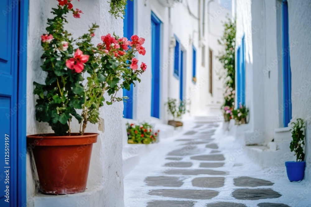 Fototapeta premium A narrow street lined with potted plants