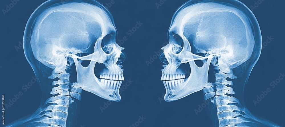 X-Ray View of Human Skulls, Anatomically Correct Depiction of the Skeletal System and Cervical Spine X-Ray View of Human Skulls, Anatomically Correct Depiction of the Skeletal System and Cervical Spine