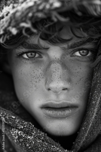 A close-up portrait of a woman with distinctive freckles, taken in black and white