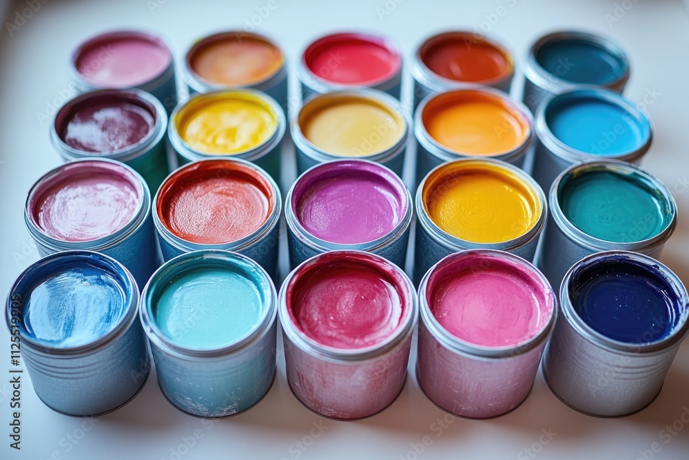 A collection of paint cans arranged on a table surface A collection of paint cans arranged on a table surface
