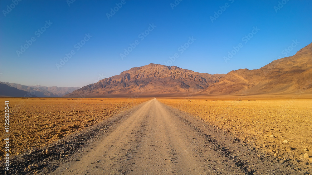Naklejka premium 果てしなく続く砂漠の道と遠くの山
