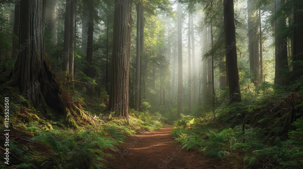 Fototapeta premium Misty Redwood forest path.