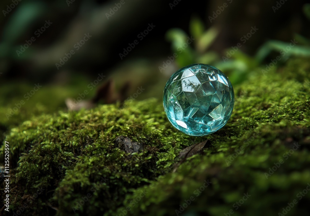 A Captivating Crystal Sphere on Lush Green Moss in a Mystical Forest Setting, Perfect for Nature and Fantasy Themes in Stock Photography A Captivating Crystal Sphere on Lush Green Moss in a Mystical Forest Setting, Perfect for Nature and Fantasy Themes in Stock Photography