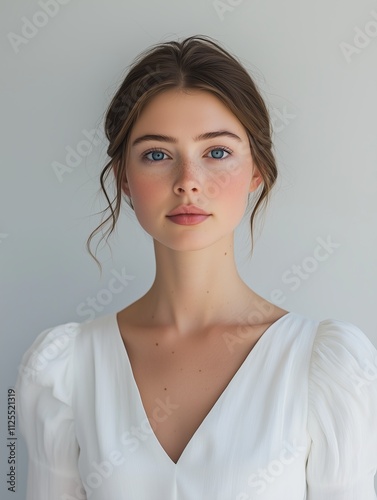 A large portrait of a young European woman with blue eyes and hairstyle, in white clothes. Close-up beauty studio portrait with natural makeup, looking forward into the camera on a light background