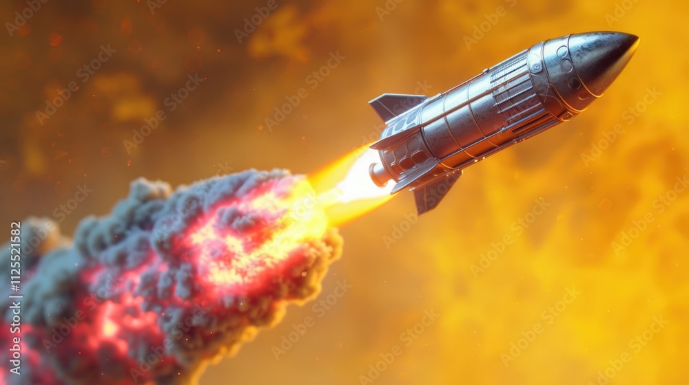 Astronautic scene with rocket blasting off into space, leaving fiery trail behind Astronautic scene with rocket blasting off into space, leaving fiery trail behind
