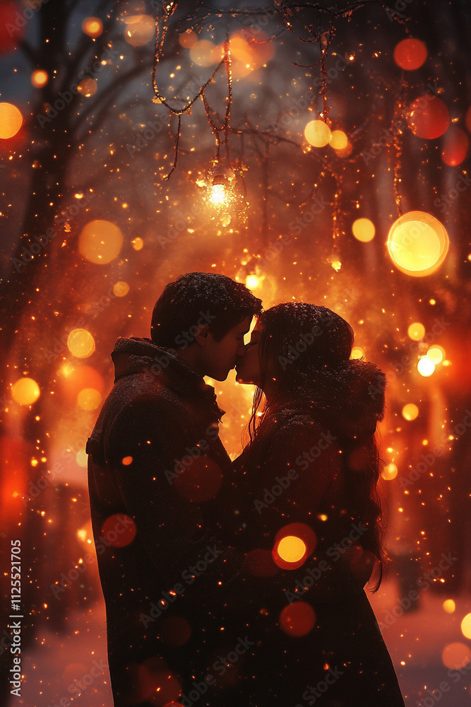 Fototapeta premium A romantic kiss of a couple, twinkling lights,generative ai illustration