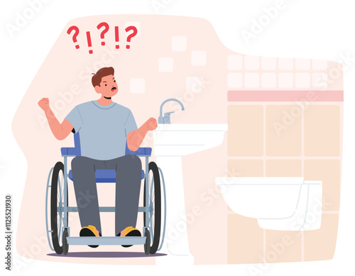 Angry frustrated man cartoon character in wheelchair feeling evil due to uncomfortable public WC
