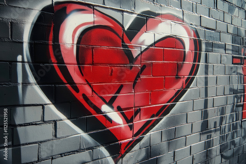 Graffiti of a red heart adorns a brick wall in the city, showcasing urban art and creativity in a lively neighborhood setting.