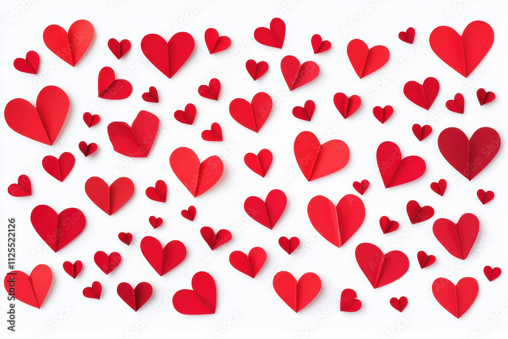 Colorful red paper hearts arranged artistically on a white background for decorations or celebrations Colorful red paper hearts arranged artistically on a white background for decorations or celebrations