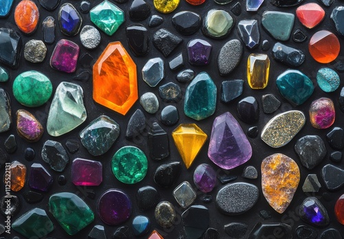 A Colorful Array of Various Natural Gemstones and Crystals Displayed on a Black Background, Showcasing Their Unique Shapes and Vibrant Colors for Decorative Purposes photo