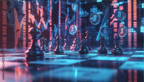 Chess, Cryptocurrencies, Fiat Currencies, with Neon Stock Graphs