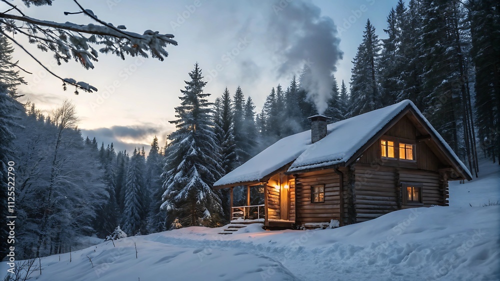 Snow-Covered Cabin in a Pine Forest with Smoke Rising from the Chimney Snow-Covered Cabin in a Pine Forest with Smoke Rising from the Chimney