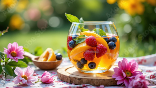 A refreshing glass of watermelon-strawberry hwachae with a wedge of lime on a dining table. photo