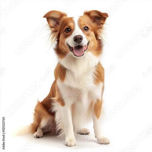 Dog Sitting on a White Background With a Happy Expression and Fluffy Fur. 
