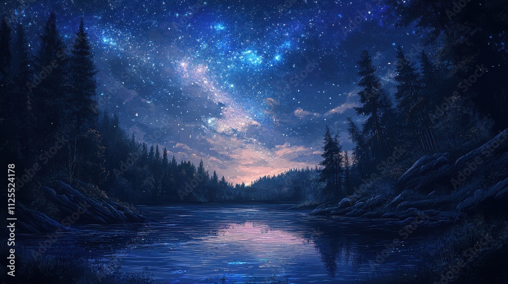 Starry night over tranquil lake and forest. Starry night over tranquil lake and forest.